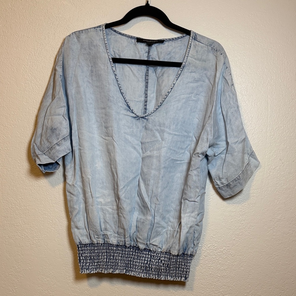 Light Wash V-Neck Smocked-Hem Women's Blouse
